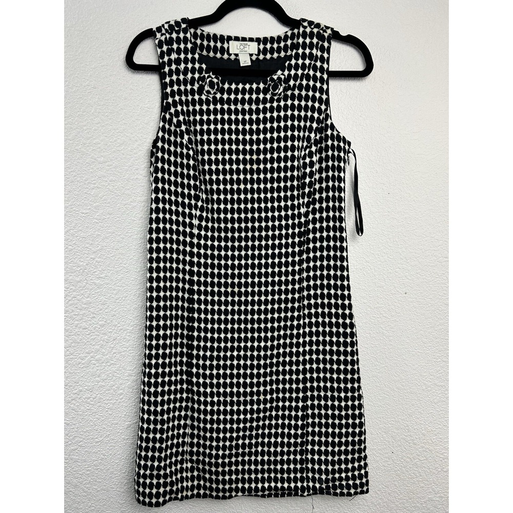Loft Wool‎ Blend Black White Houndstooth Polka Dot Sleeveless Shift Mod Dress 6P